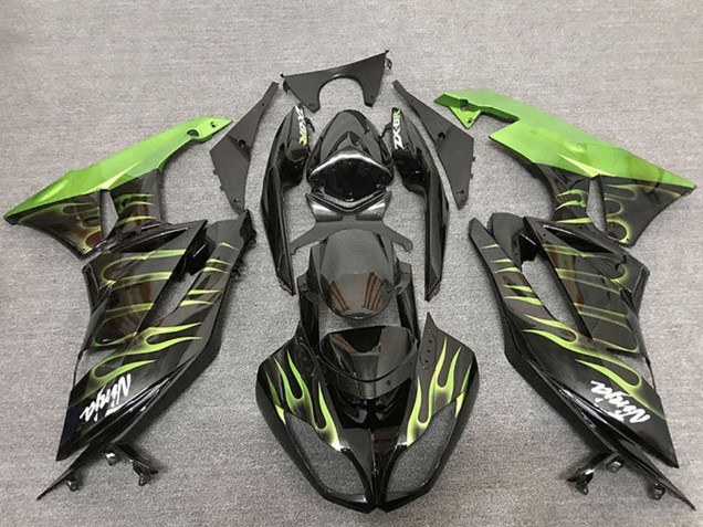 Großhandel Kawasaki ZX6R Motorrad Verkleidung 2009-2012 - Glanzendes Schwarz Grun Flamme