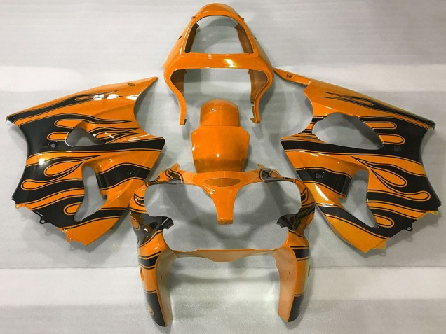 Großhandel Kawasaki ZX6R Motorrad Verkleidung 2000-2002 - Orange Schwarz Flamme