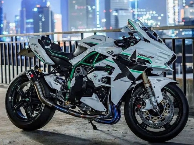 Großhandel Kawasaki Ninja H2 Motorrad Verkleidung 2015-2022 - Weiss mit Grun Linie