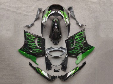 Großhandel Kawasaki ZZR1100 Motorrad Verkleidung 1993-2003 - Glanzendes Schwarz Grun Flamme
