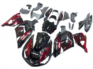 Großhandel Kawasaki ZX14R ZZR1400 Motorrad Verkleidung Kit 2006-2011 - Glanzendes Schwarz Rot Flamme