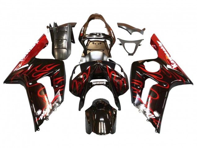 Großhandel Kawasaki ZX6R Motorrad Verkleidung 2003-2004 - Glanzendes Schwarz Rot Flamme