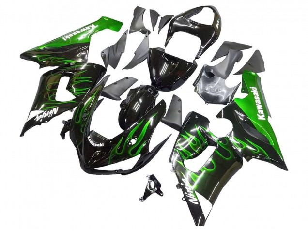 Großhandel Kawasaki ZX6R Motorrad Verkleidung 2005-2006 - Glanzendes Schwarz Grun Flamme