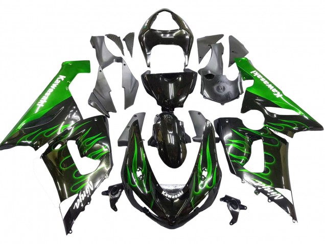 Großhandel Kawasaki ZX6R Motorrad Verkleidung 2005-2006 - Glanzendes Schwarz Grun Flamme
