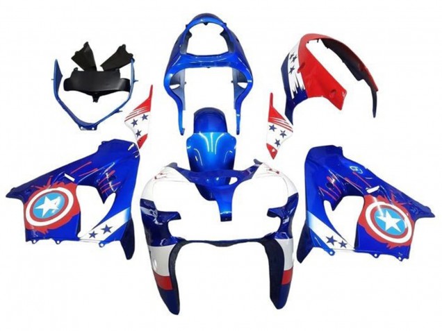Großhandel Kawasaki ZX9R Motorrad Verkleidung 2000-2001 - Blau Rot Captain America Stern