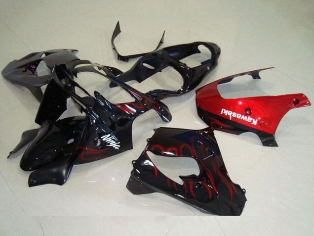 Großhandel Kawasaki ZX9R Motorrad Verkleidung 2000-2001 - Glanzendes Schwarz Rot Flamme