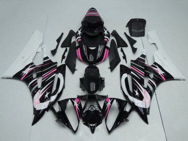 Großhandel Yamaha YZF R6 Motorrad Verkleidung 2006-2007 - Weiss Glanzendes Schwarz Rosa Stern Flamme