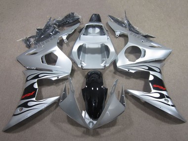 Großhandel Yamaha YZF R6 Motorrad Verkleidung 2003-2004 - Silber Glanzendes Schwarz Flamme