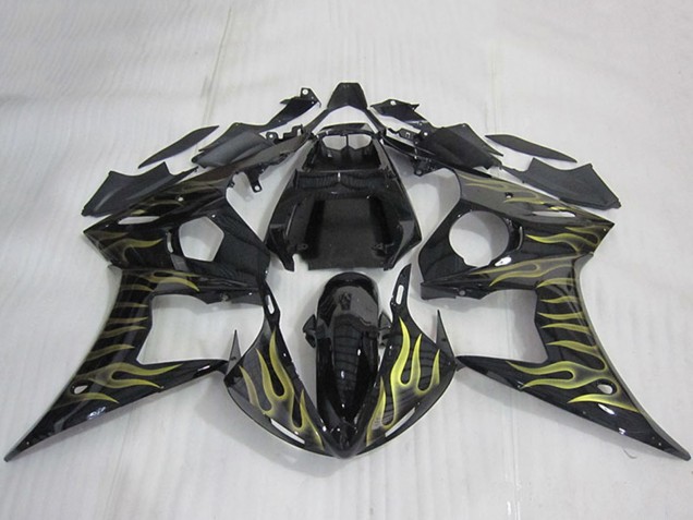Großhandel Yamaha YZF R6 Motorrad Verkleidung 2003-2004 - Glanzendes Schwarz Gold Flamme