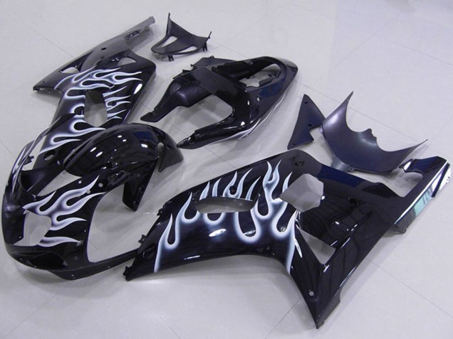 Großhandel Suzuki GSXR 750 Motorrad Verkleidung 2001-2003 - Glanzendes Schwarz Weiss Flamme